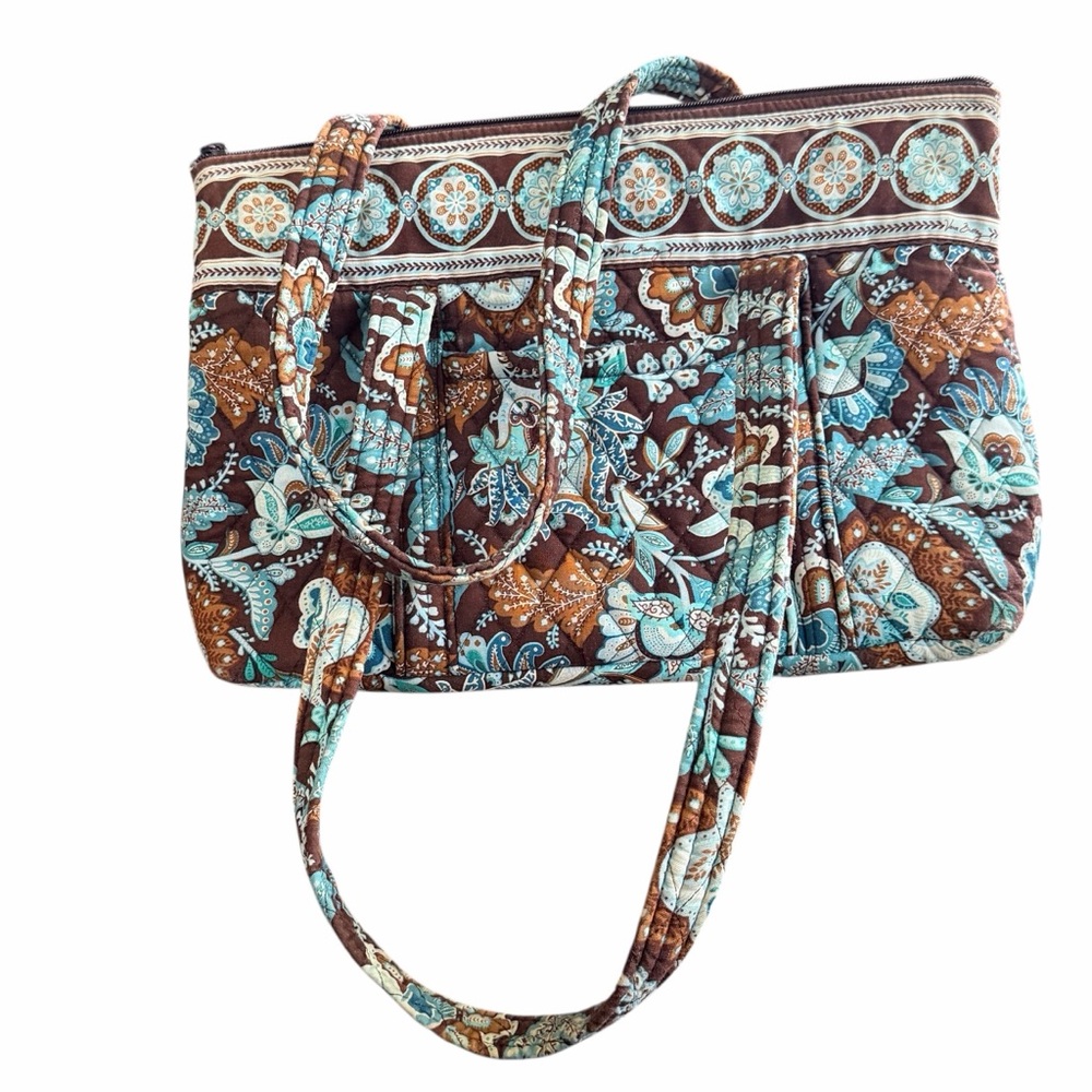 Vera Bradley Brown & Aqua Floral Quilted Shoulder Tote - Picture 6 of 9
